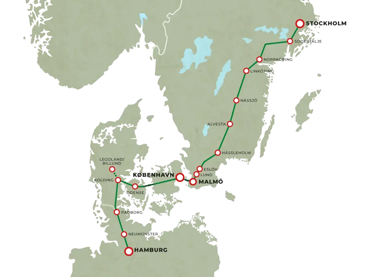 Interrailkort Sverige: en rutt genom Danmark och Sverige, från Hamburg till Stockholm, med stopp i Köpenhamn, Malmö, Lund, Nässjö och Linköping.