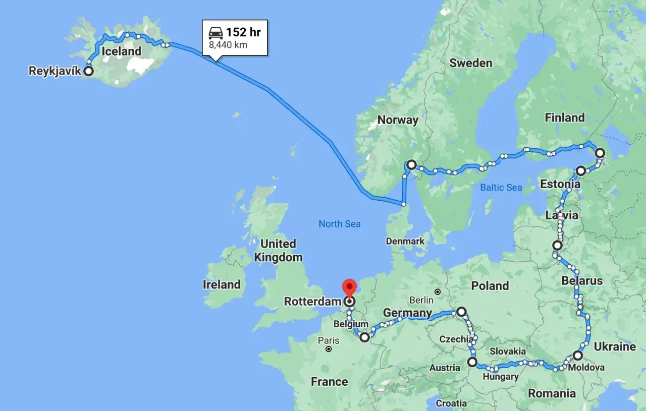 En imponerande bila i Europa rutt som börjar på Island, korsar Nordsjön och fortsätter genom Skandinavien, Baltikum, Polen, Tjeckien, Österrike, Ungern, Rumänien och Ukraina.