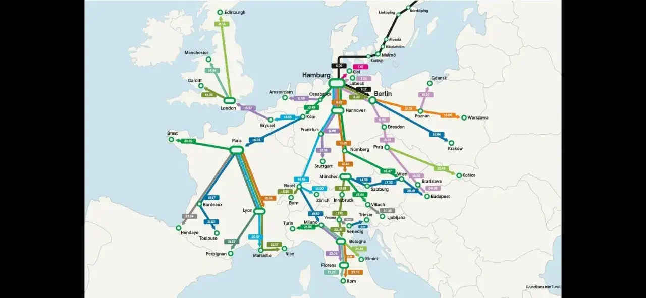 Drömmer du om ett tågluffarkort Europa? Kartan visar möjliga rutter och tider för din drömresa med tåg genom Europa.
