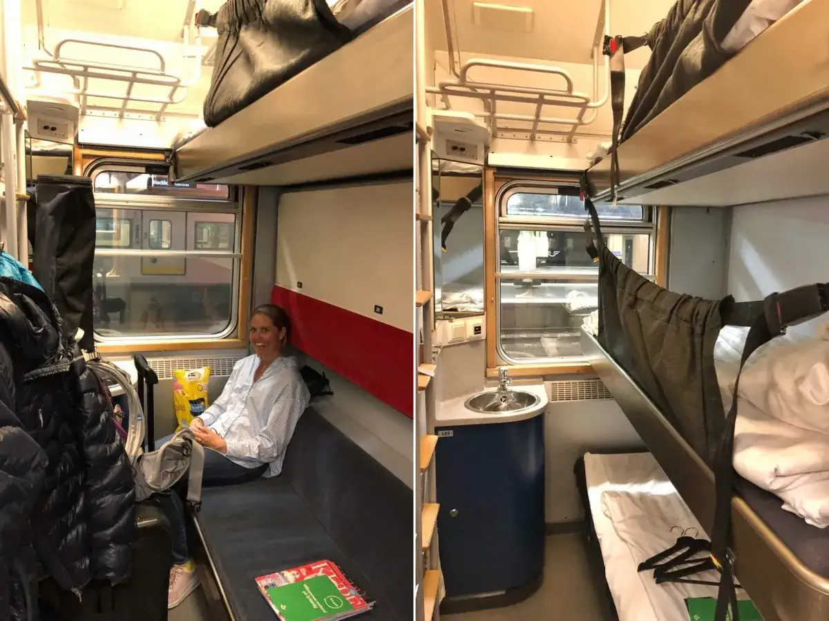 Sovkupé på ett interrail nattåg. En kvinna sitter på en bänk bredvid bagage. Sängar i två våningar syns.