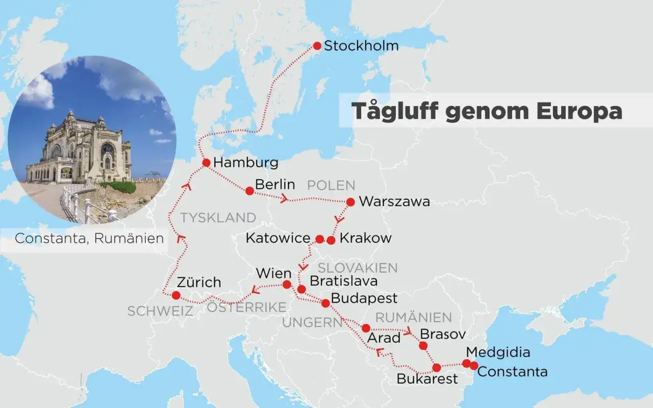 Karta över en tågluff genom Europa med stopp i Stockholm, Hamburg, Berlin, Warszawa, Zürich, Wien, Budapest, Bukarest och Constanta. Perfekt för pensionär som söker prisvärda resor.