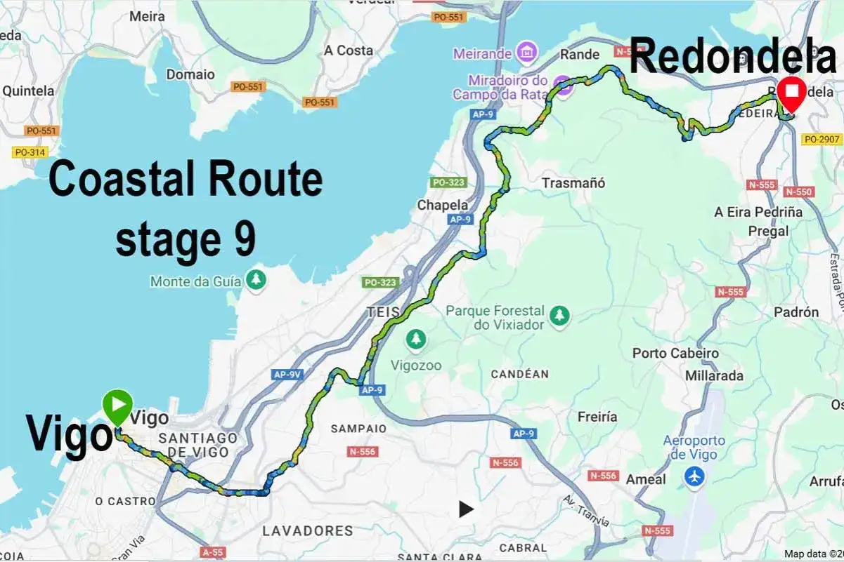 Karta över camino de santiago etapper, kustvägen etapp 9 från Vigo till Redondela.