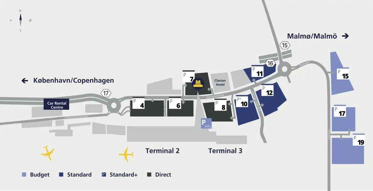 Karta över Malmö Airport med vägbeskrivning till Köpenhamn/Kastrup. Visar terminaler, parkeringar och vägar.