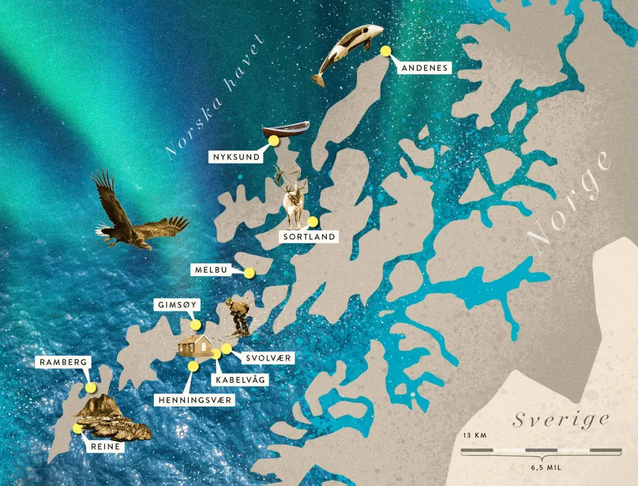 Karta över Norges kust, från Narvik till Lofoten, med norrsken, djur och platser som Reine.