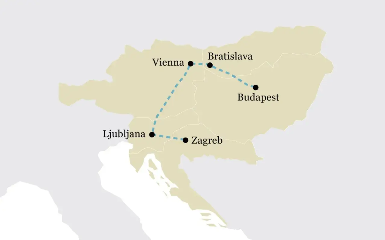 Karta som visar en rutt för att tågluffa östeuropa: Ljubljana, Zagreb, Wien, Bratislava och Budapest.