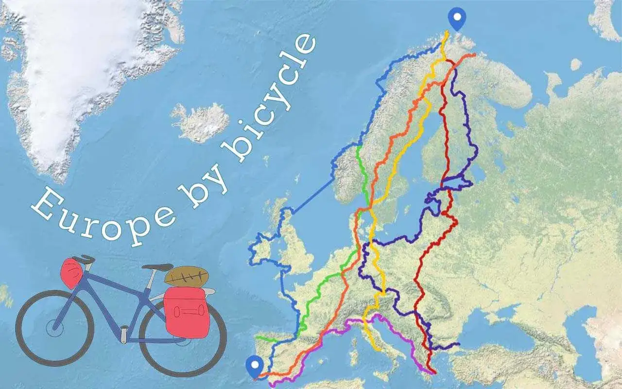 En karta över Europa med olika cykelrutter markerade i färg. En illustration av en packad cykel till vänster. Drömmer du om en cykelsemester i Europa?