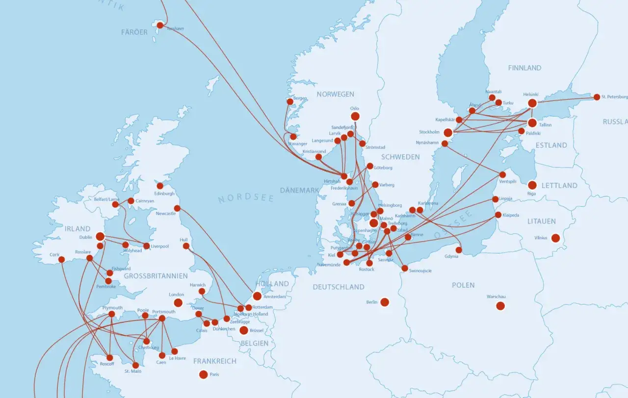 Karta över färjerutter i Europa, med linjer som förbinder Storbritannien, Irland, Skandinavien, Baltikum och kontinentala Europa.