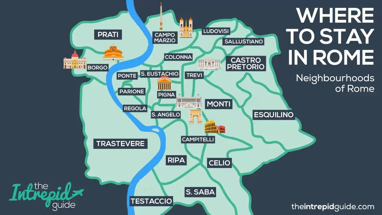 Karta visar olika kvarter i Rom, med sev&auml;rdheter och namn som Prati, Monti och Trastevere.