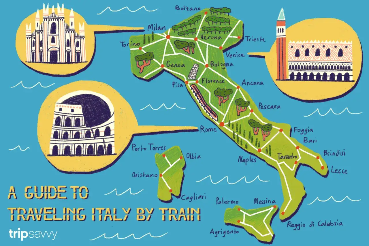 En charmig karta som visar hur man kan tågluffa i Italien, med illustrationer av kända landmärken som Colosseum och Venedigs Rialtobro.