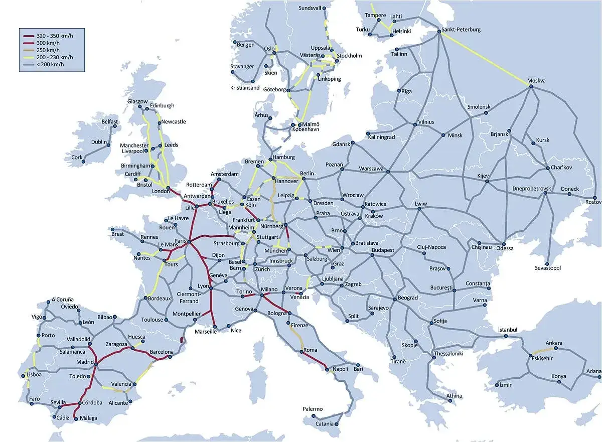 T&aring;gkartan visar h&ouml;ghastighetst&aring;g i Europa. Perfekt f&ouml;r att planera din resa och backpacka Europa.