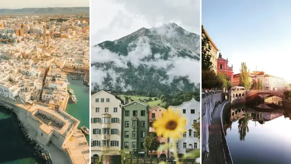 Dröm dig bort med ett weekendpaket i Europa: en solig kuststad, alpina hus med berg i molnen, och en stad vid en flod med broar.